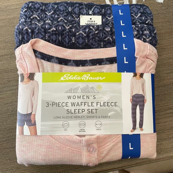 Eddie Bauer Women's 3-Piece Pink Blue Waffle Fleece Pajama Set Size Large NWT - Picture 5 of 5
